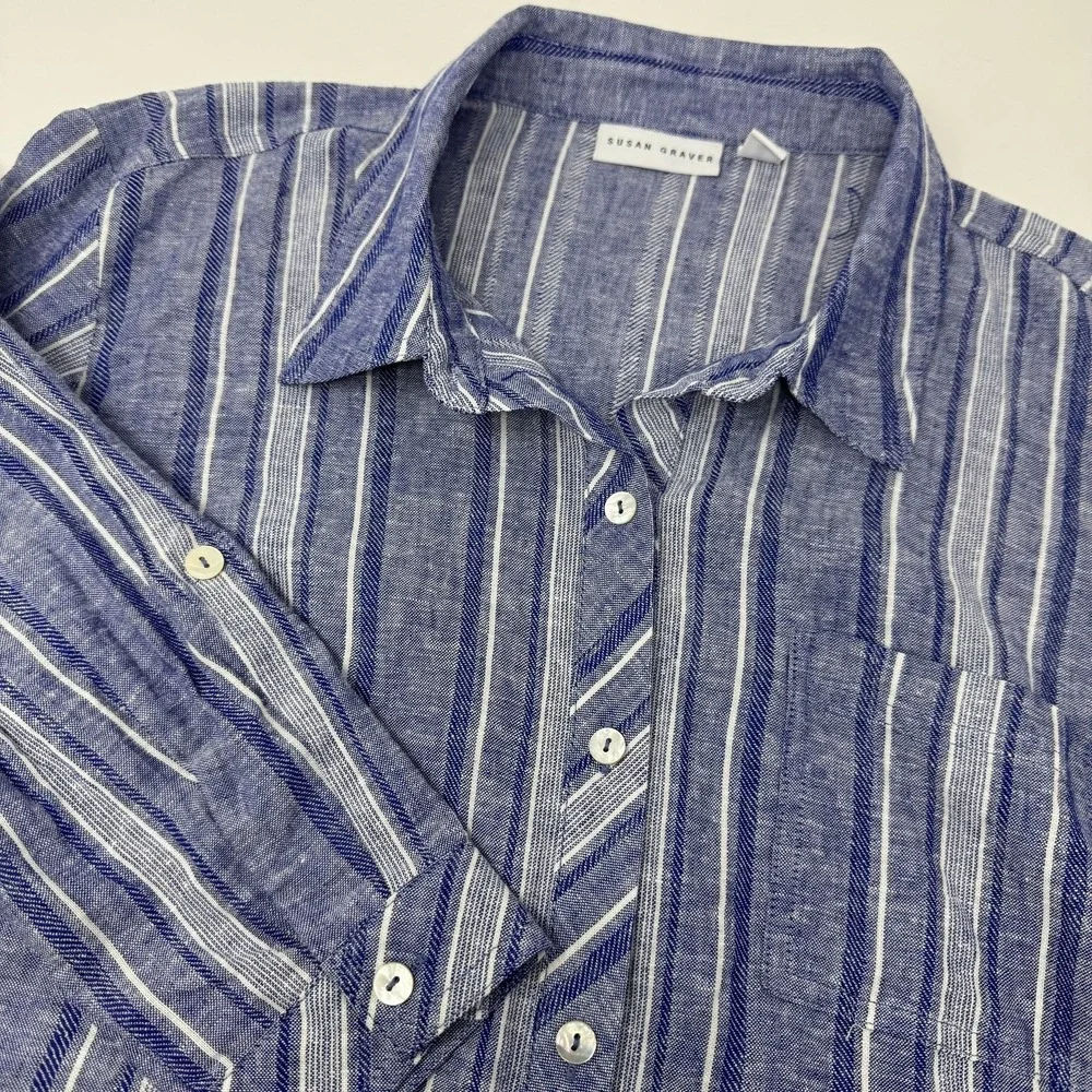 Susan‎ Graver Shirt Womens Petite Large Blue Stripe Linen Button Long Sleeve - Picture 2 of 8
